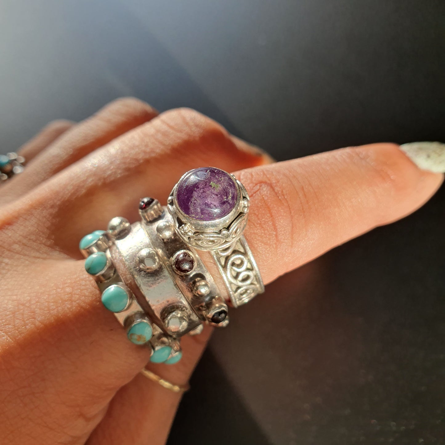 Silver ring with amethyst gemstone signed vintage handmade jewelry