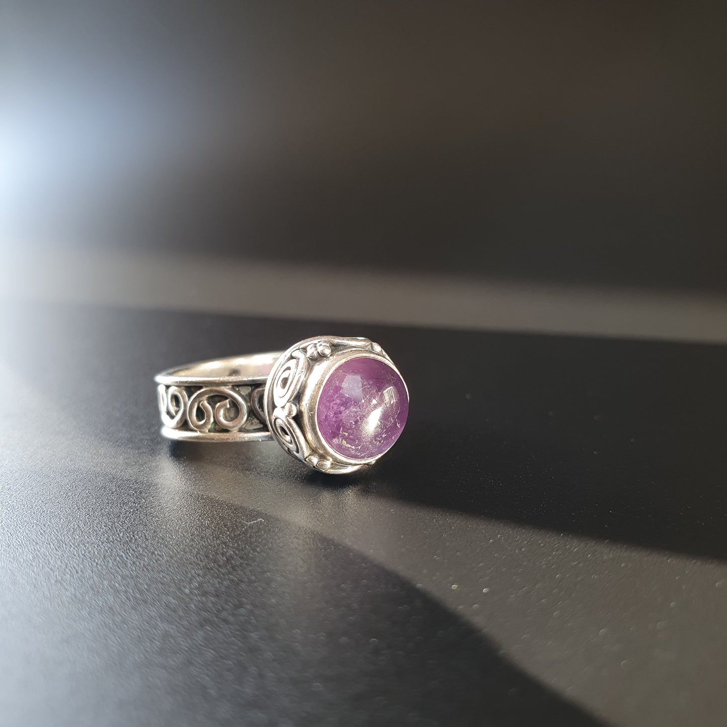 Silver ring with amethyst gemstone signed vintage handmade jewelry