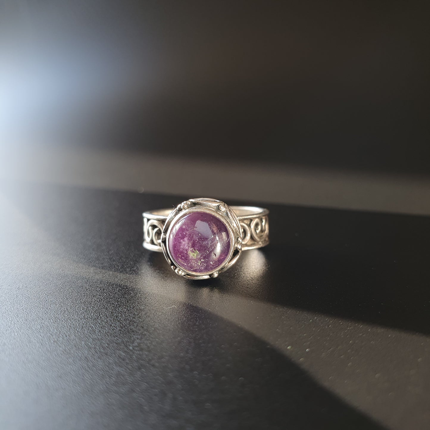 Silver ring with amethyst gemstone signed vintage handmade jewelry