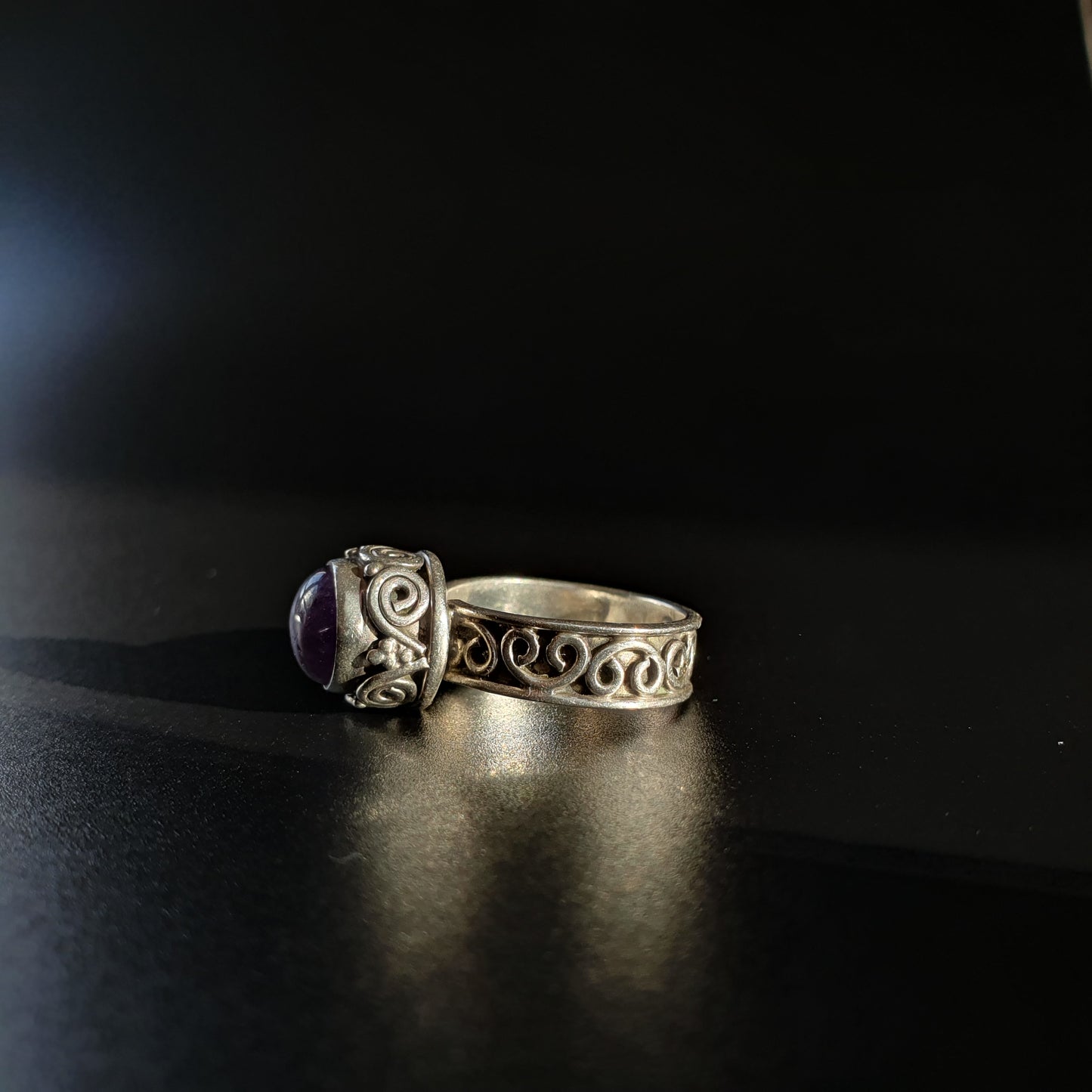 Silver ring with amethyst gemstone signed vintage handmade jewelry