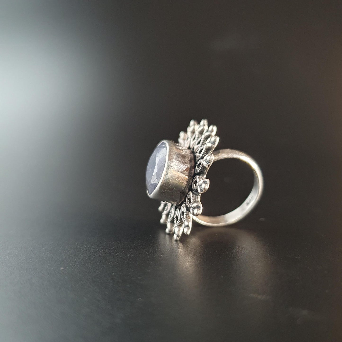Sapphire Ring,Silver Statement Jewellery, Unique Gifts, Star Ring, Faceted Vintage Regal Filigree Ring, Celestial Sun,Boho-chic, 925, UK R