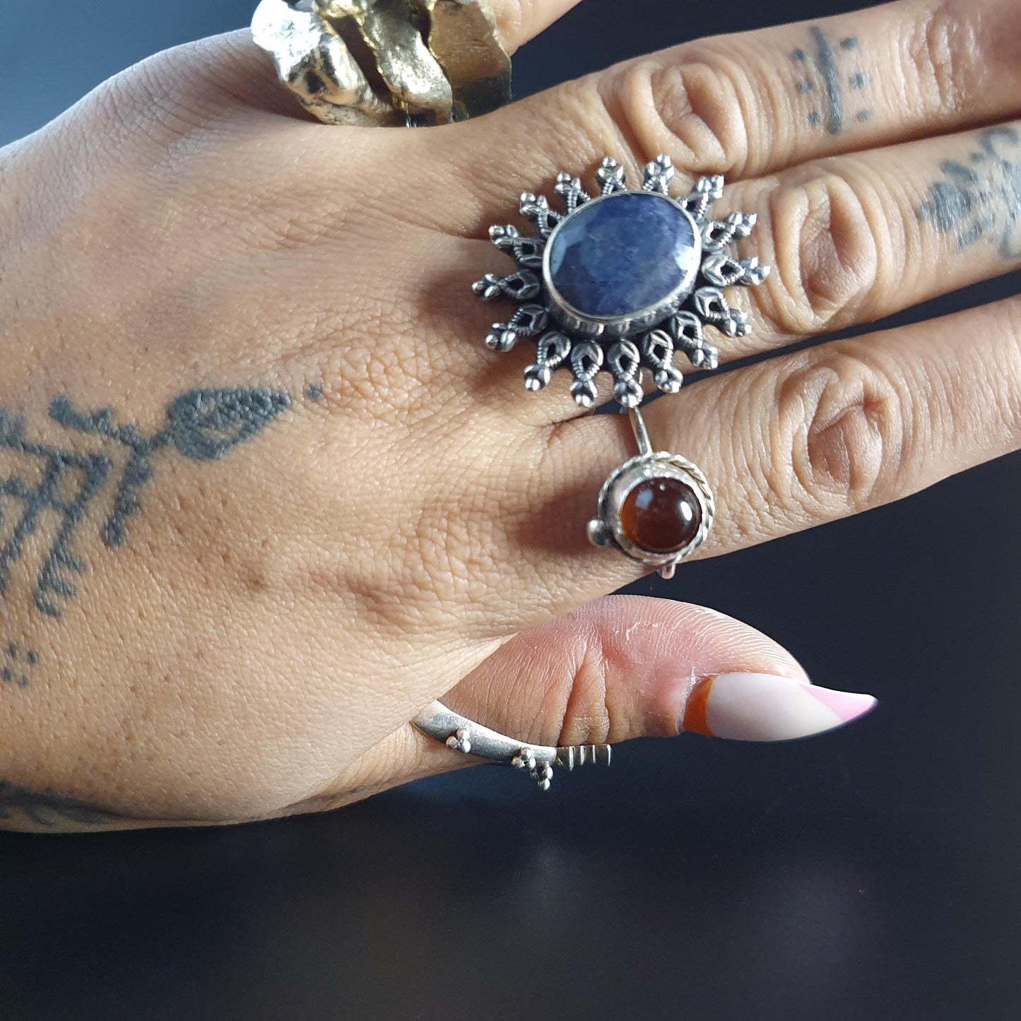 Sapphire Ring,Silver Statement Jewellery, Unique Gifts, Star Ring, Faceted Vintage Regal Filigree Ring, Celestial Sun,Boho-chic, 925, UK R