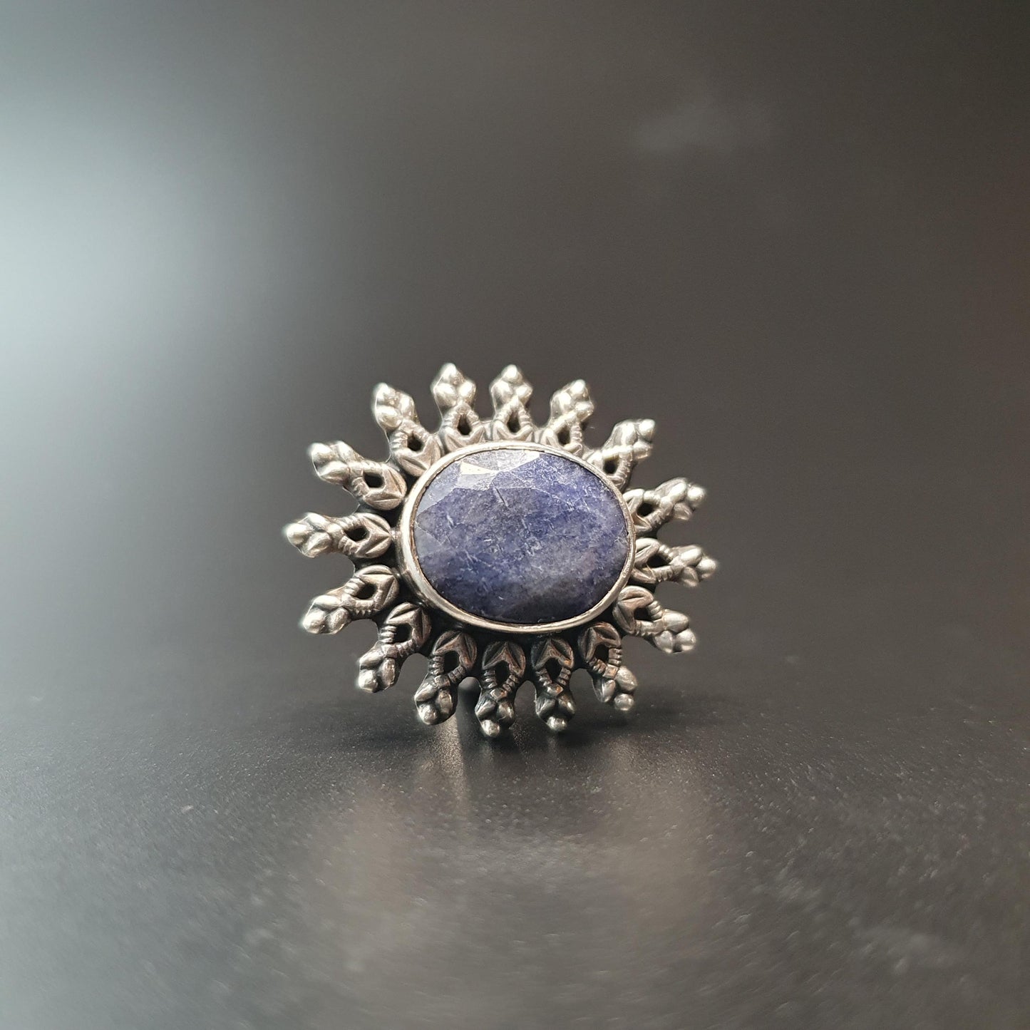 Sapphire Ring,Silver Statement Jewellery, Unique Gifts, Star Ring, Faceted Vintage Regal Filigree Ring, Celestial Sun,Boho-chic, 925, UK R