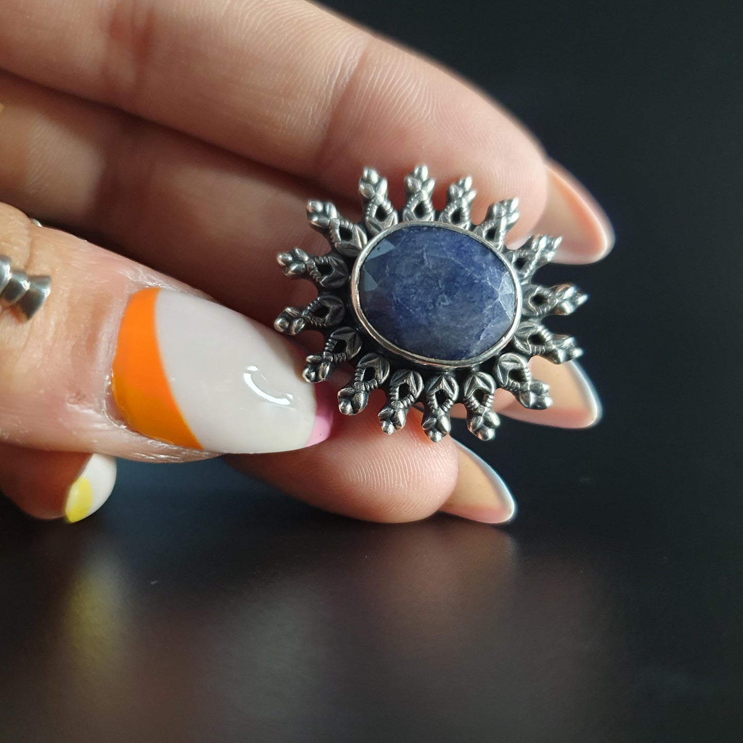 Sapphire Ring,Silver Statement Jewellery, Unique Gifts, Star Ring, Faceted Vintage Regal Filigree Ring, Celestial Sun,Boho-chic, 925, UK R
