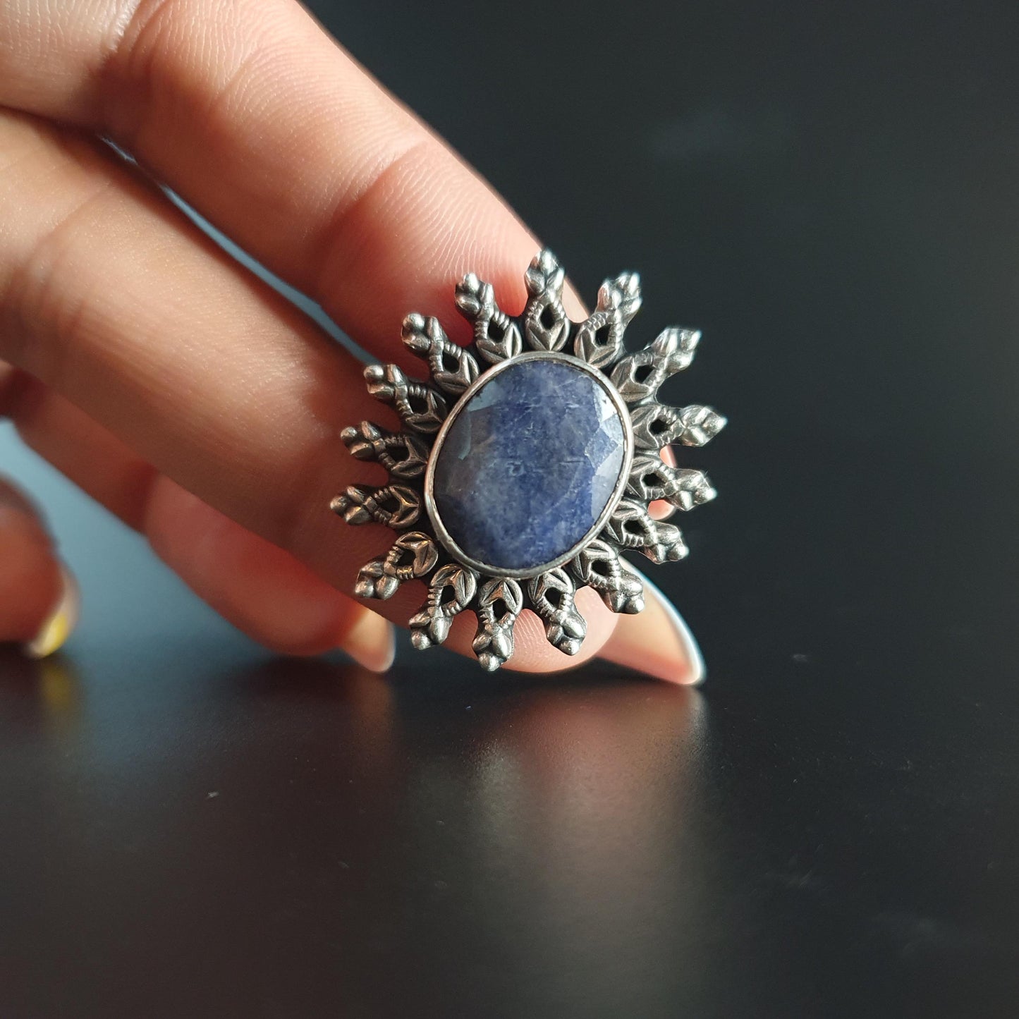 Sapphire Ring,Silver Statement Jewellery, Unique Gifts, Star Ring, Faceted Vintage Regal Filigree Ring, Celestial Sun,Boho-chic, 925, UK R