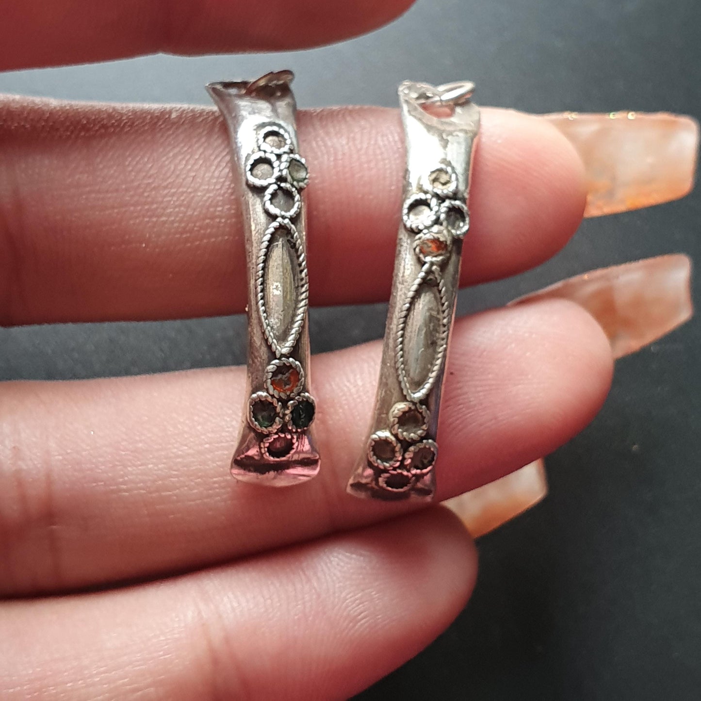 Vintage-Style Curved Silver Dangle Earrings with Intricate Floral Detailing, Indian Ethnic Jewelry, Unique Gifts Dangle Drop Long Earrings