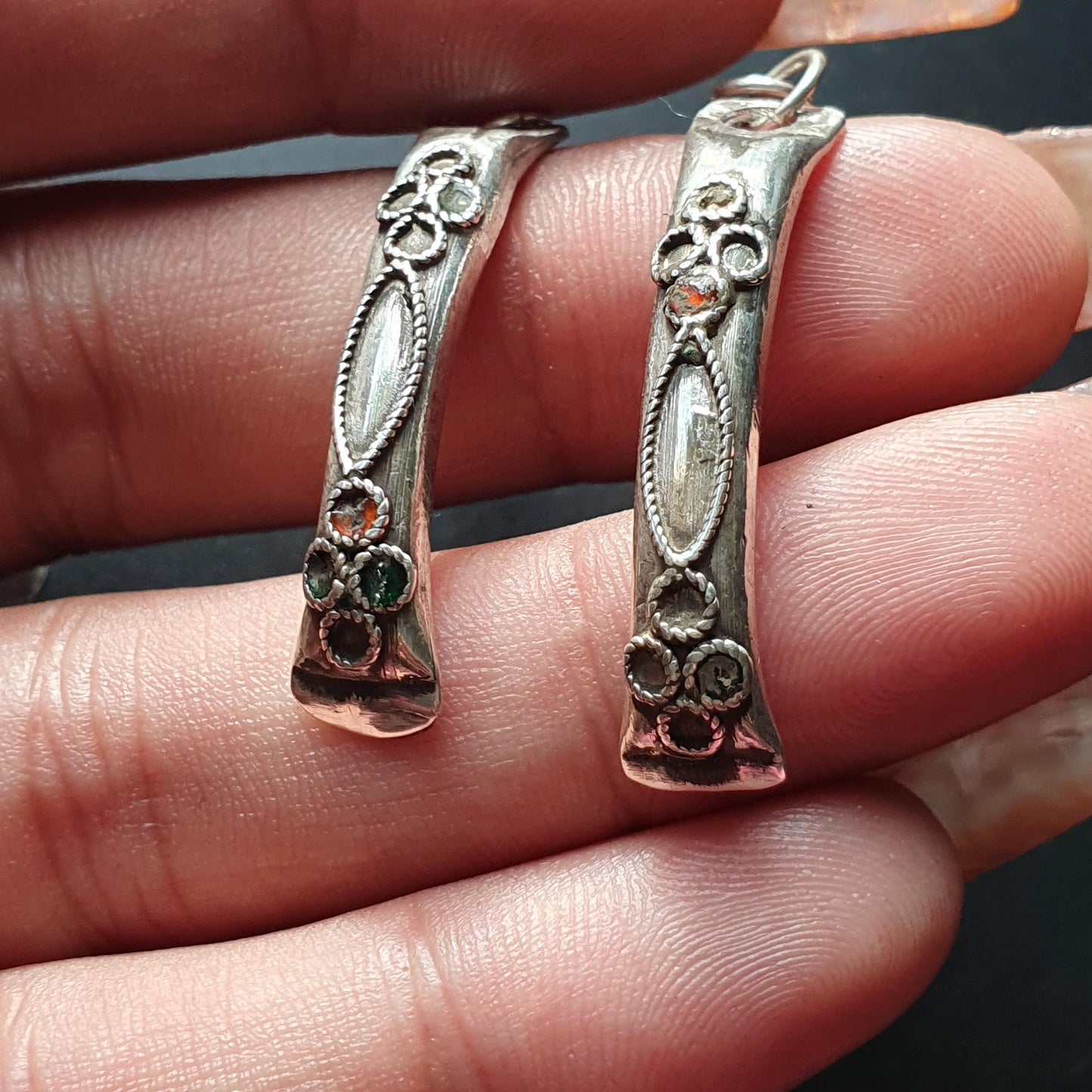 Vintage-Style Curved Silver Dangle Earrings with Intricate Floral Detailing, Indian Ethnic Jewelry, Unique Gifts Dangle Drop Long Earrings