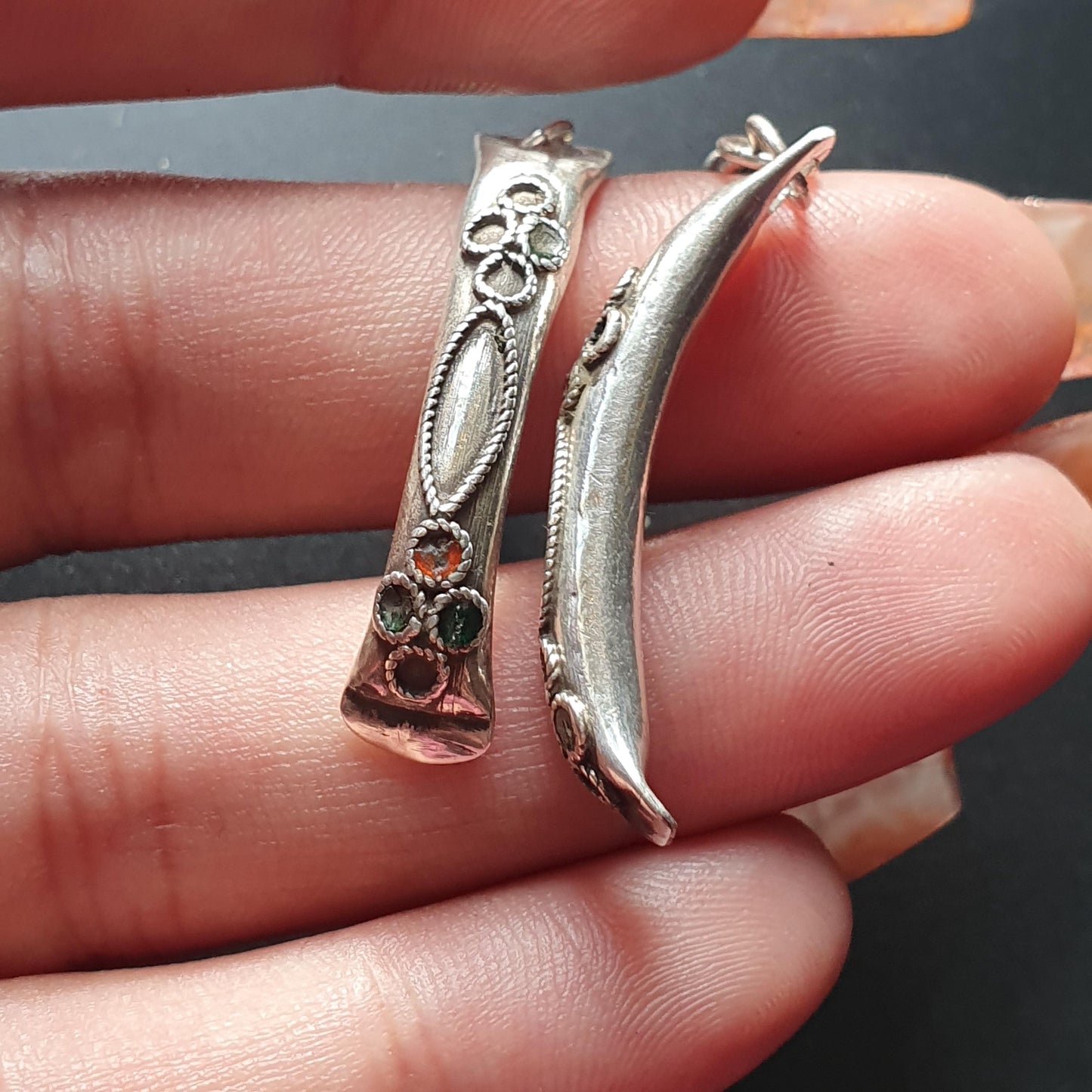 Vintage-Style Curved Silver Dangle Earrings with Intricate Floral Detailing, Indian Ethnic Jewelry, Unique Gifts Dangle Drop Long Earrings