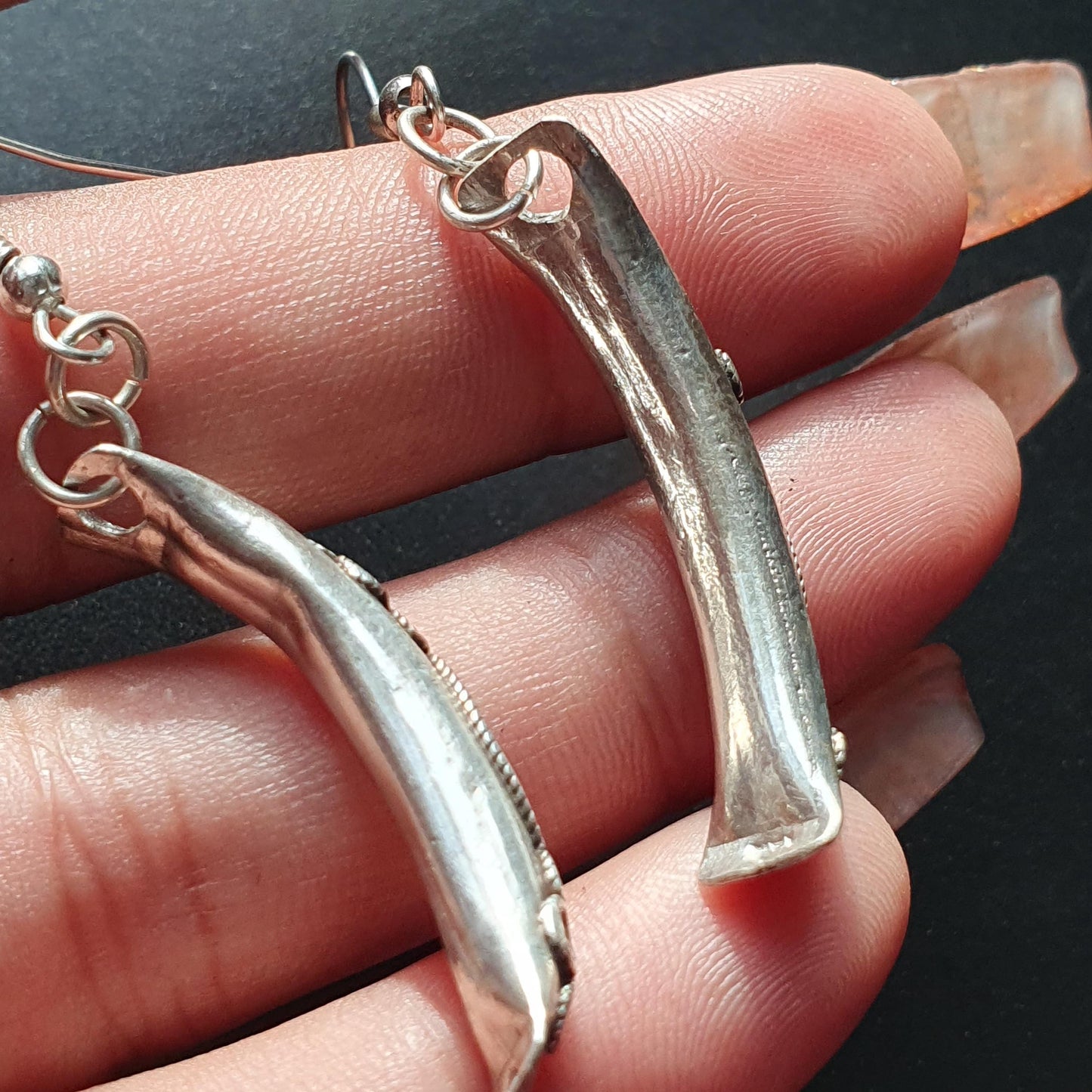 Vintage-Style Curved Silver Dangle Earrings with Intricate Floral Detailing, Indian Ethnic Jewelry, Unique Gifts Dangle Drop Long Earrings