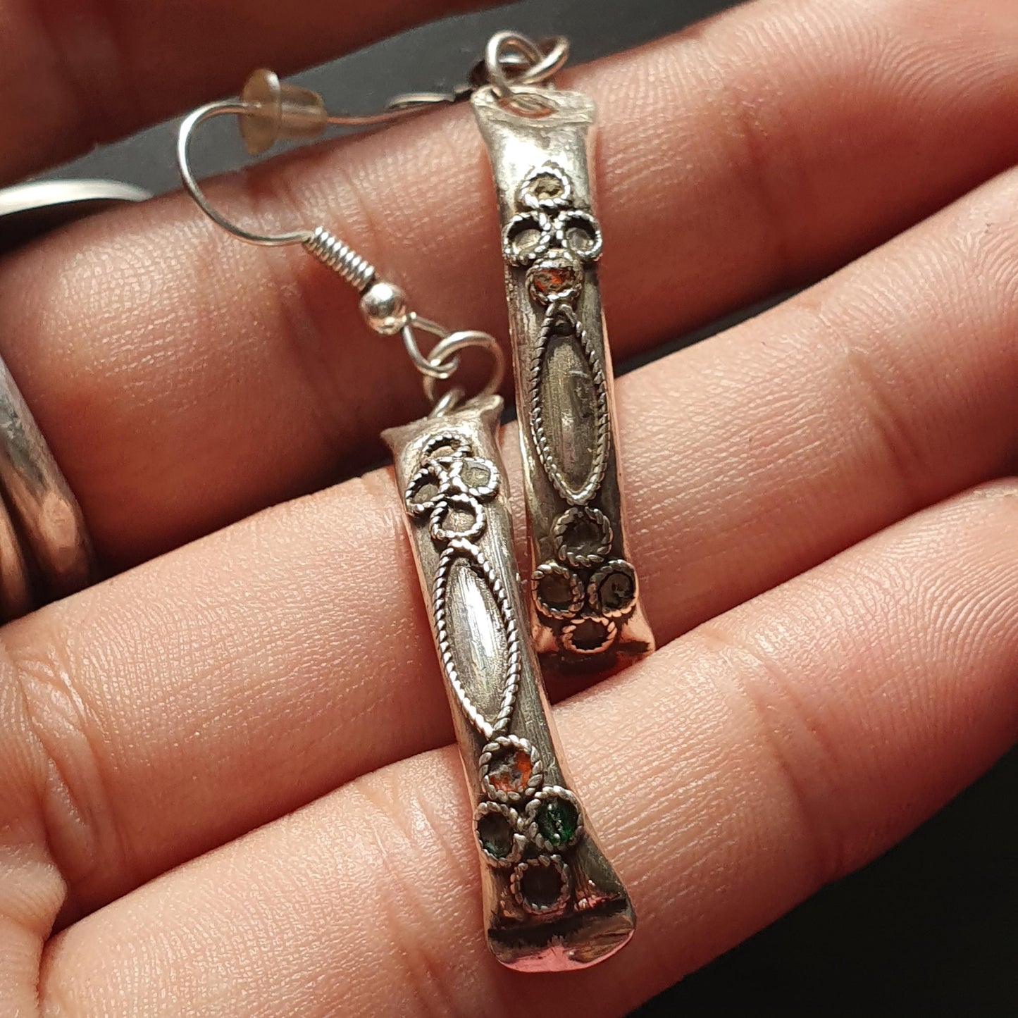 Vintage-Style Curved Silver Dangle Earrings with Intricate Floral Detailing, Indian Ethnic Jewelry, Unique Gifts Dangle Drop Long Earrings