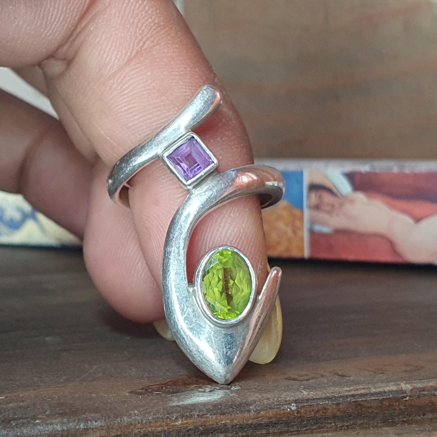 Vintage ring, handmade, thumb ring, Multi-stone, amethyst peridot, swirl ring,wrap ring, Unique Gifts, unusual design, 925,O, goth jewellery