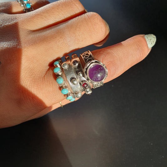 Silver ring with amethyst gemstone signed vintage handmade jewelry