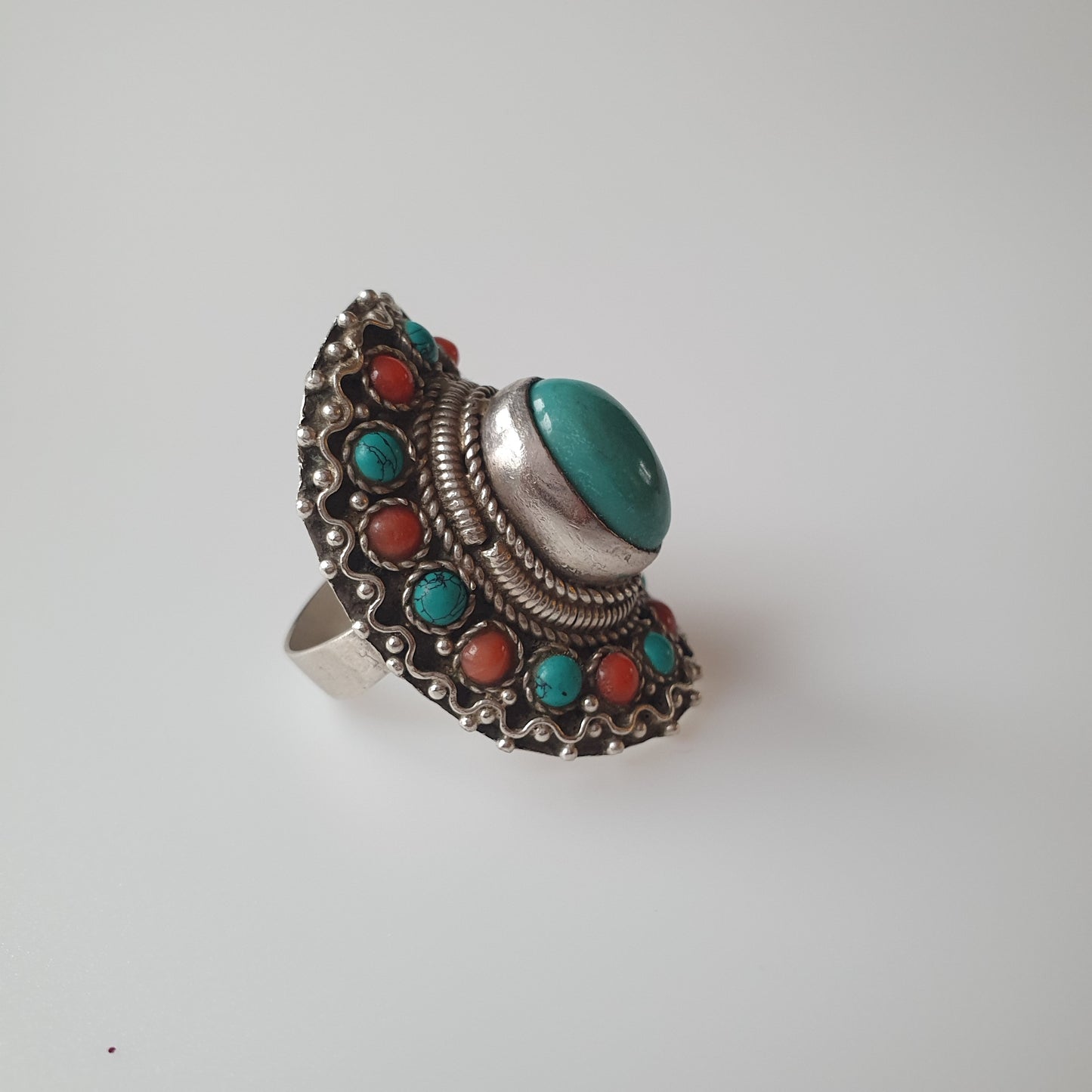 Bohemian ring sterling silver with turquoise and coral gemstone