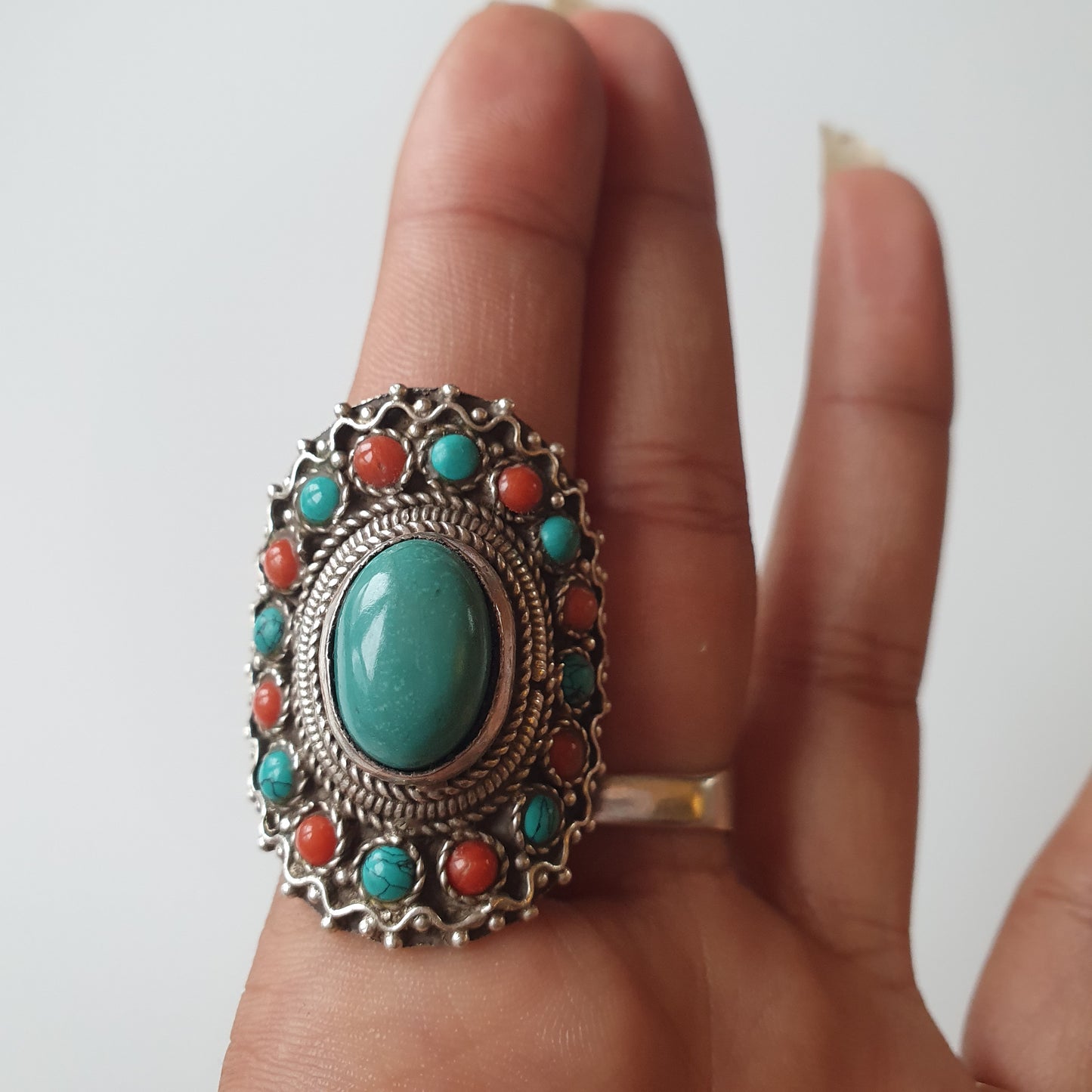 Bohemian ring sterling silver with turquoise and coral gemstone