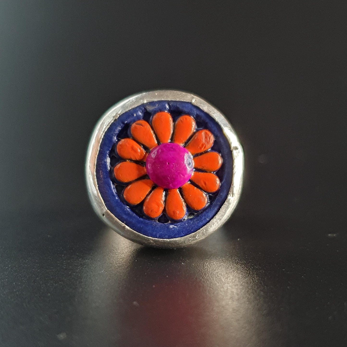 Funky floral button resin ring, summertime jewellery, fun jewellery, sterling silver ring N 1/2,statement ring,flower ring,handmade Upcycled