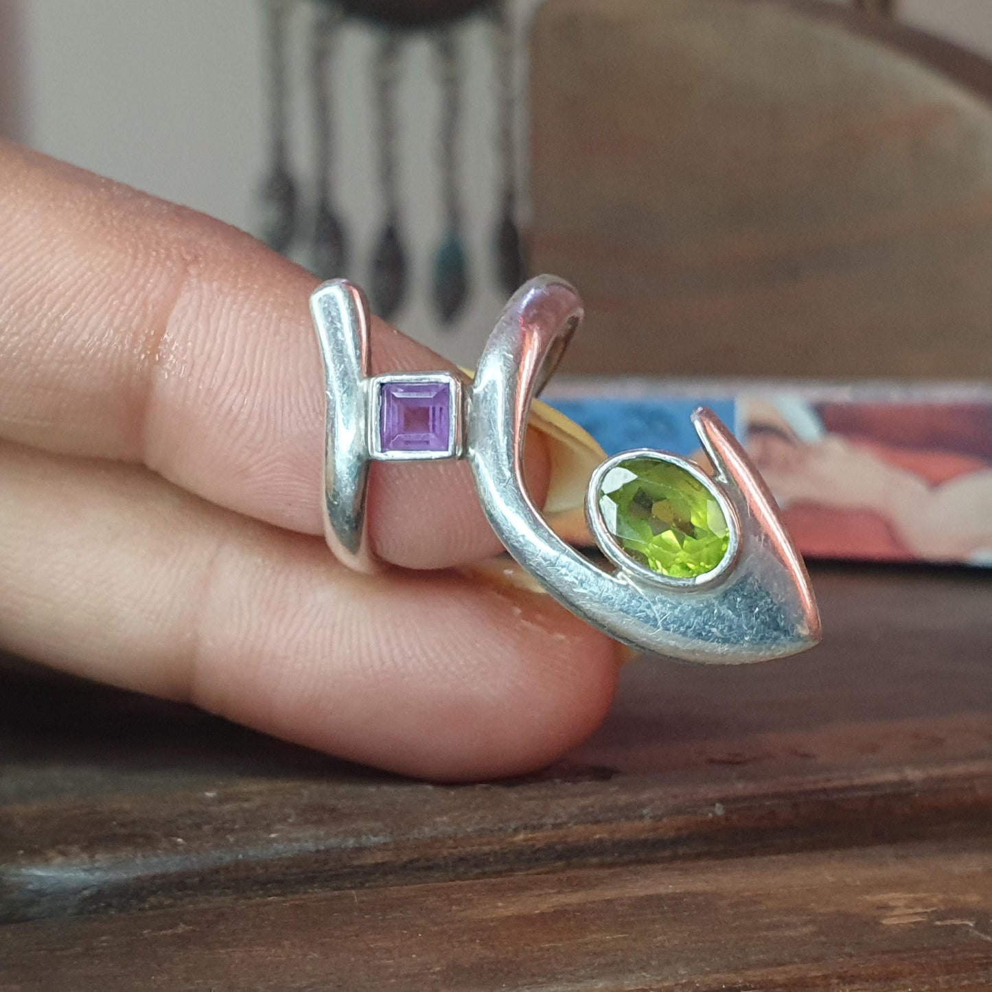 Vintage ring, handmade, thumb ring, Multi-stone, amethyst peridot, swirl ring,wrap ring, Unique Gifts, unusual design, 925,O, goth jewellery