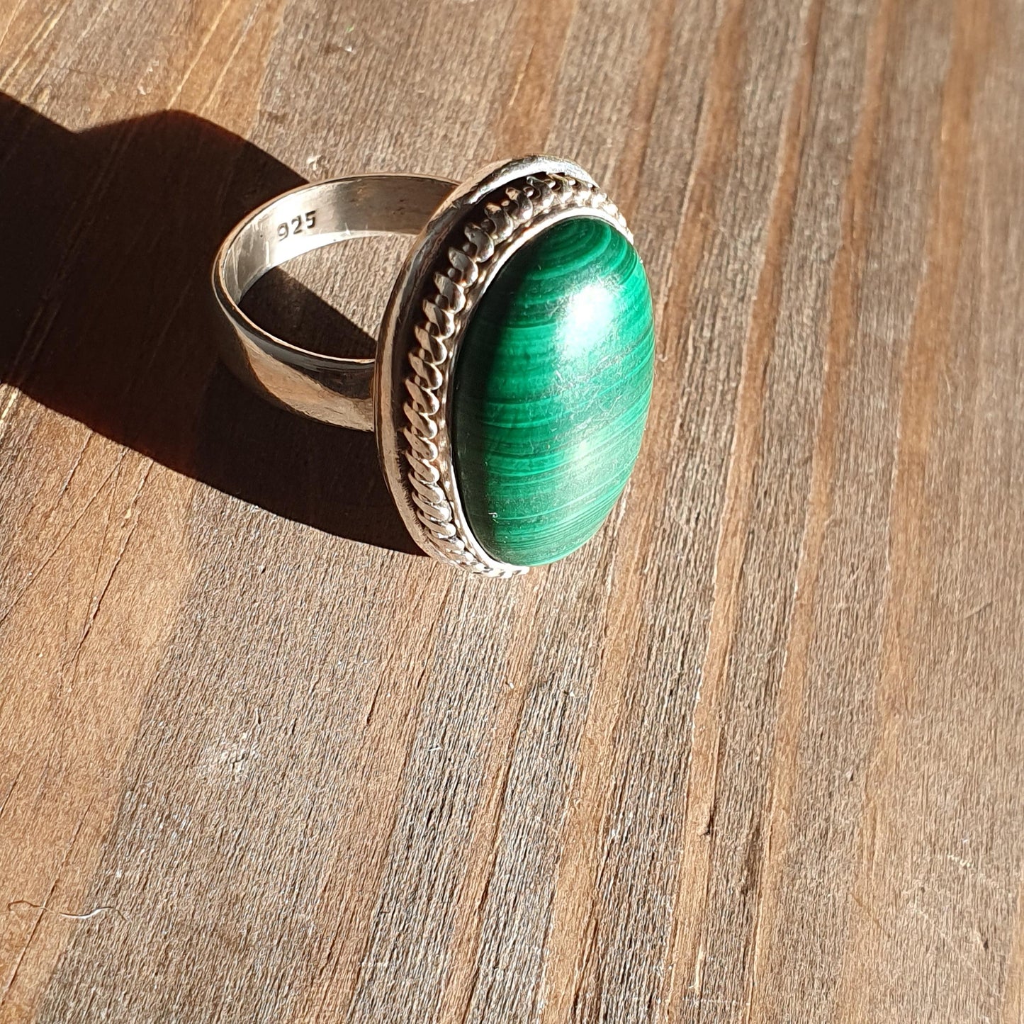 Chunky Oversized Dark Emrald Green Malachite Gemstone Ring in Sterling Silver,Uk O, Protection and Emotional Healing Gem, Heart Chakra,925