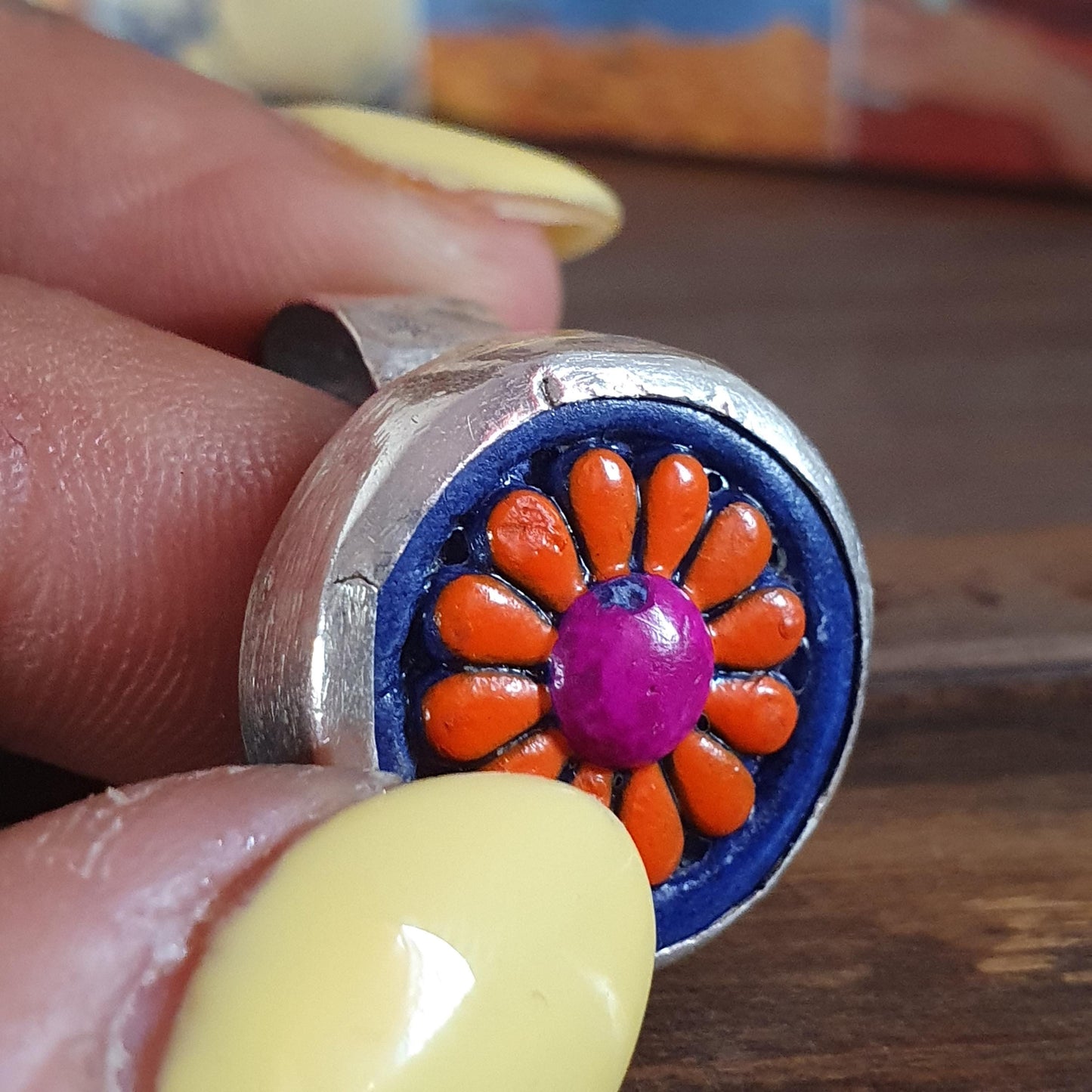 Funky floral button resin ring, summertime jewellery, fun jewellery, sterling silver ring N 1/2,statement ring,flower ring,handmade Upcycled