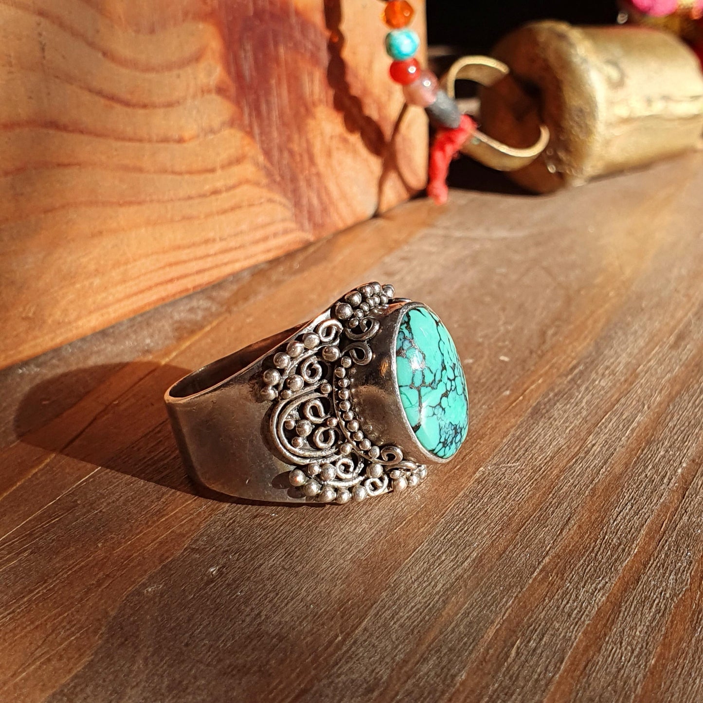 Ring,Vintage,Turquoise,Chunky,Sterling Silver,Suarti,Nepalese Tibetan Style,Antique,Statement,Unisex,Gifts, Filigree,Jewellery, UK T,925,