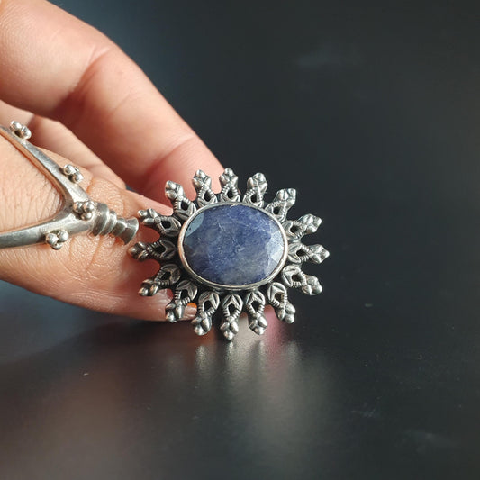 Sapphire Ring,Silver Statement Jewellery, Unique Gifts, Star Ring, Faceted Vintage Regal Filigree Ring, Celestial Sun,Boho-chic, 925, UK R