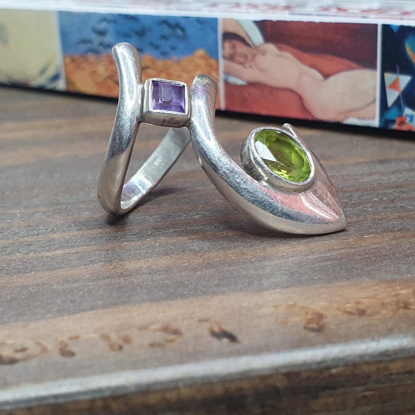 Vintage ring, handmade, thumb ring, Multi-stone, amethyst peridot, swirl ring,wrap ring, Unique Gifts, unusual design, 925,O, goth jewellery