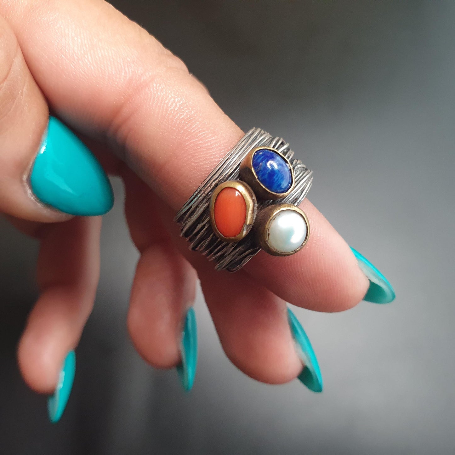 Quirky Multi-stone Sterling Silver Lapis Lazuli Pearl Wire Work Chunky Statement Ring,Brass, 925 Jewellery, Oversized Thumb Ring, UK Ring L