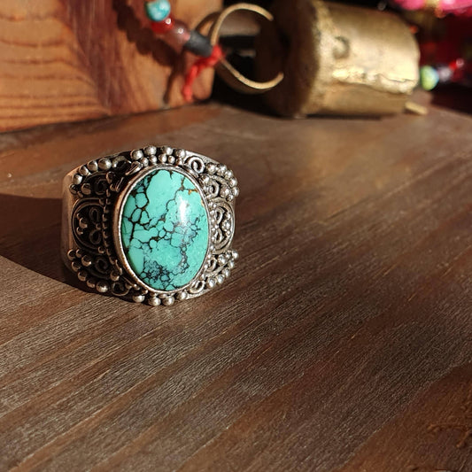 Ring,Vintage,Turquoise,Chunky,Sterling Silver,Suarti,Nepalese Tibetan Style,Antique,Statement,Unisex,Gifts, Filigree,Jewellery, UK T,925,