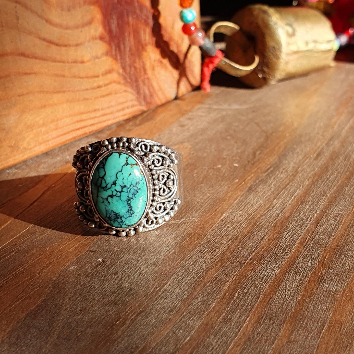 Ring,Vintage,Turquoise,Chunky,Sterling Silver,Suarti,Nepalese Tibetan Style,Antique,Statement,Unisex,Gifts, Filigree,Jewellery, UK T,925,