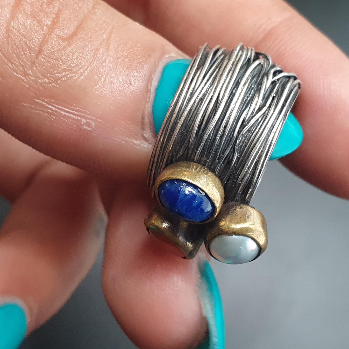 Quirky Multi-stone Sterling Silver Lapis Lazuli Pearl Wire Work Chunky Statement Ring,Brass, 925 Jewellery, Oversized Thumb Ring, UK Ring L