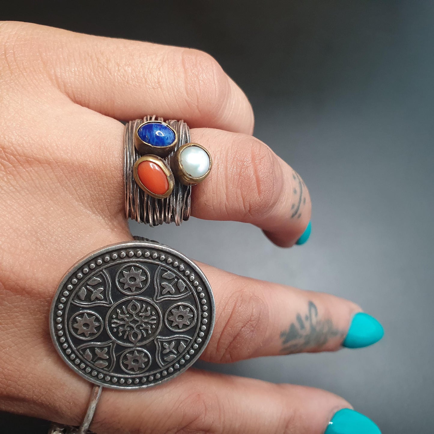 Quirky Multi-stone Sterling Silver Lapis Lazuli Pearl Wire Work Chunky Statement Ring,Brass, 925 Jewellery, Oversized Thumb Ring, UK Ring L