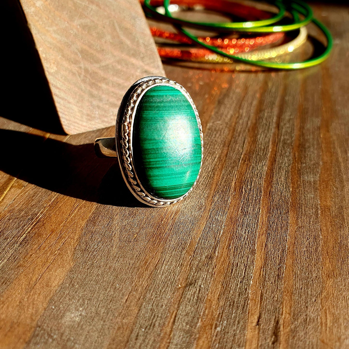 Chunky Oversized Dark Emrald Green Malachite Gemstone Ring in Sterling Silver,Uk O, Protection and Emotional Healing Gem, Heart Chakra,925