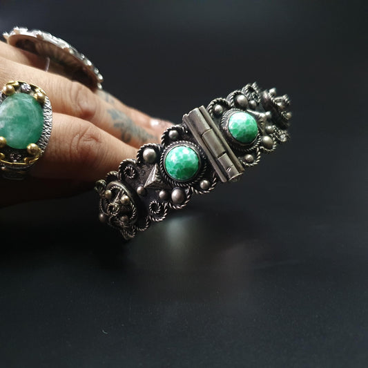 Alpacca silver ornate vintage cuff bangle,braclet,green peking glass, etruscan style,pin hinge, stackable braclets,statement jewellery