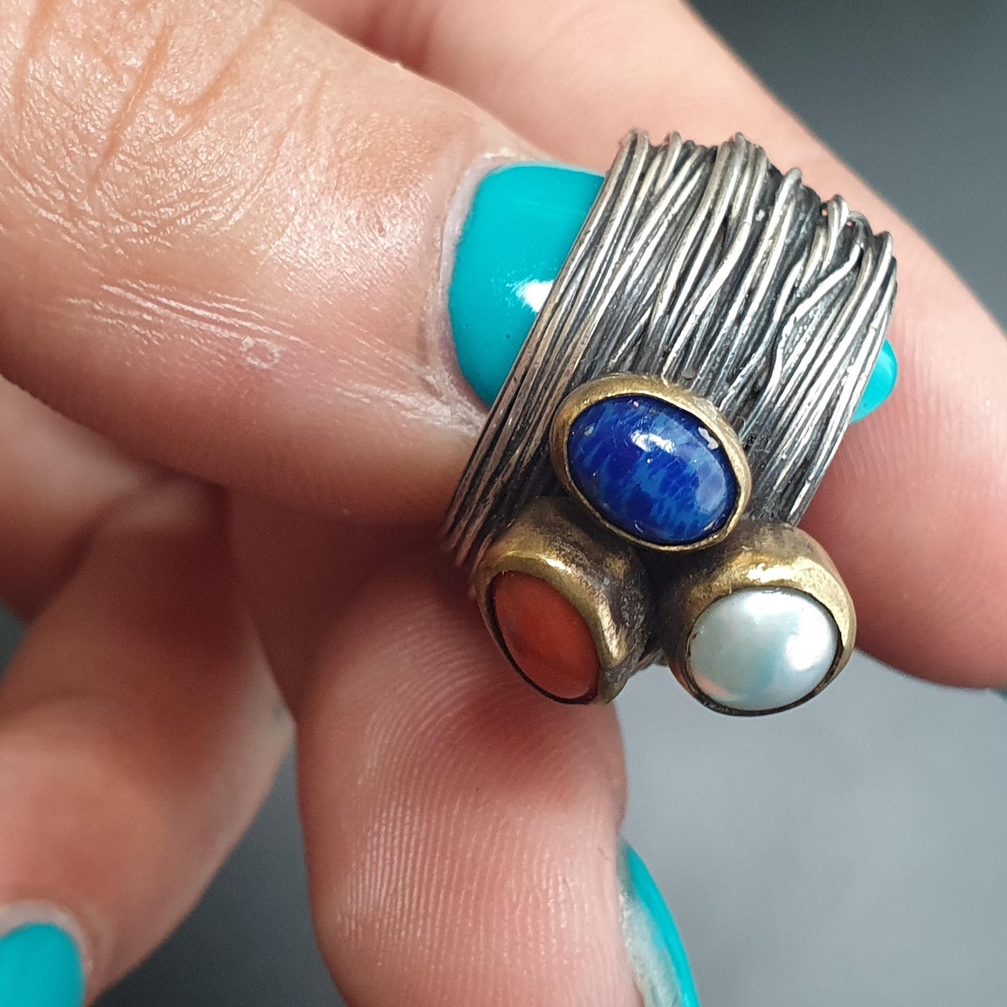 Quirky Multi-stone Sterling Silver Lapis Lazuli Pearl Wire Work Chunky Statement Ring,Brass, 925 Jewellery, Oversized Thumb Ring, UK Ring L