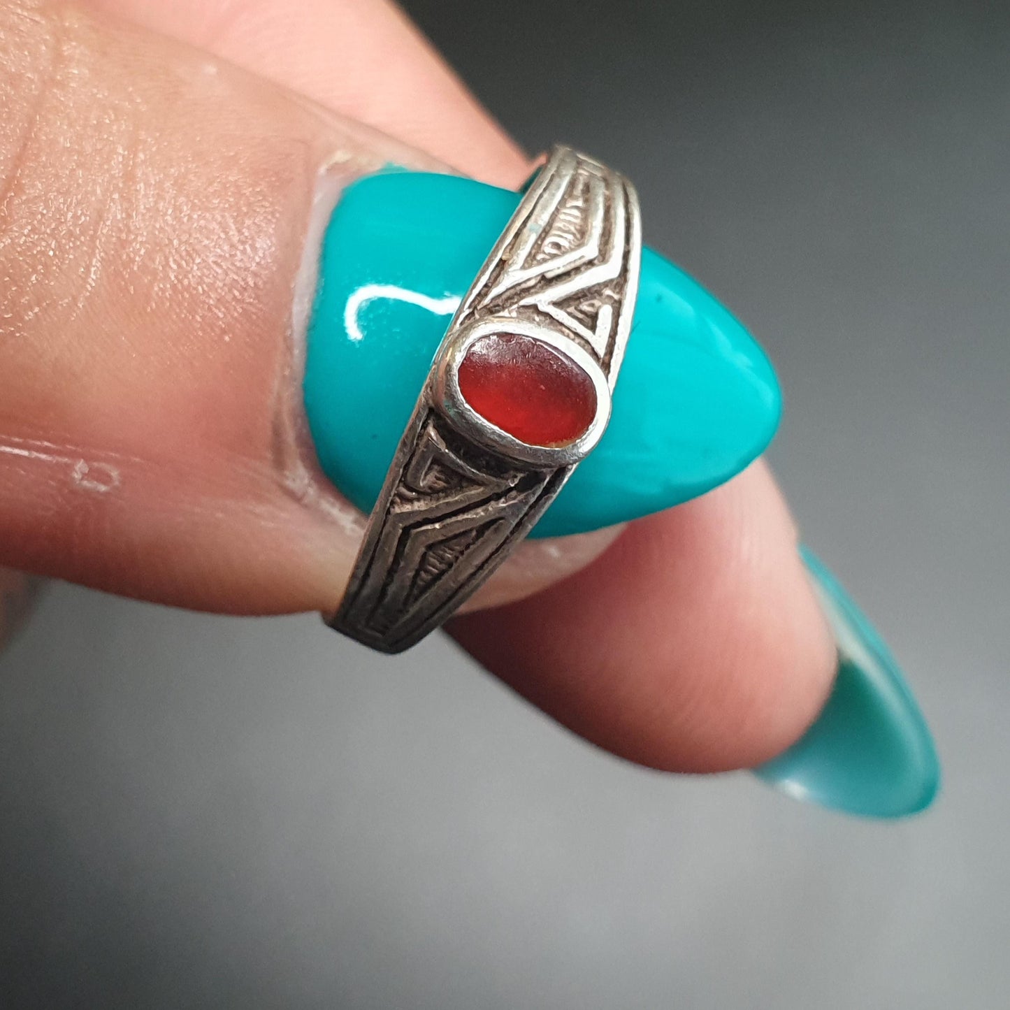 Dainty Aztec Engraved Carnelian Gemstone Ring, Stackable Sterling Silver Jewelry, Mens Rings,Vintage Retro Design, Berber African Morrocan