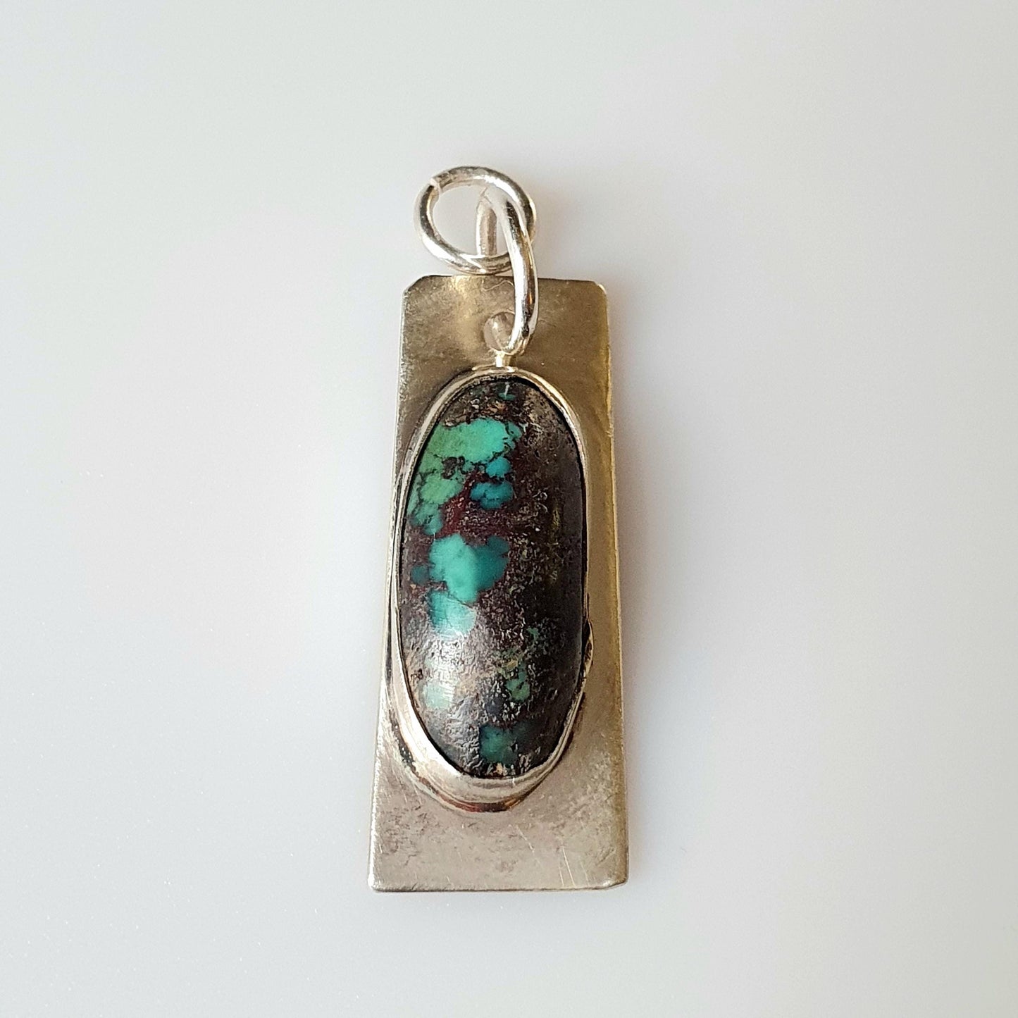 Unique Handcrafted Afghanistan Turquoise Pendant with Rectangular Silver Base 925, Quirky Jewellery Unique Faashion Statement Pieces. Gifts