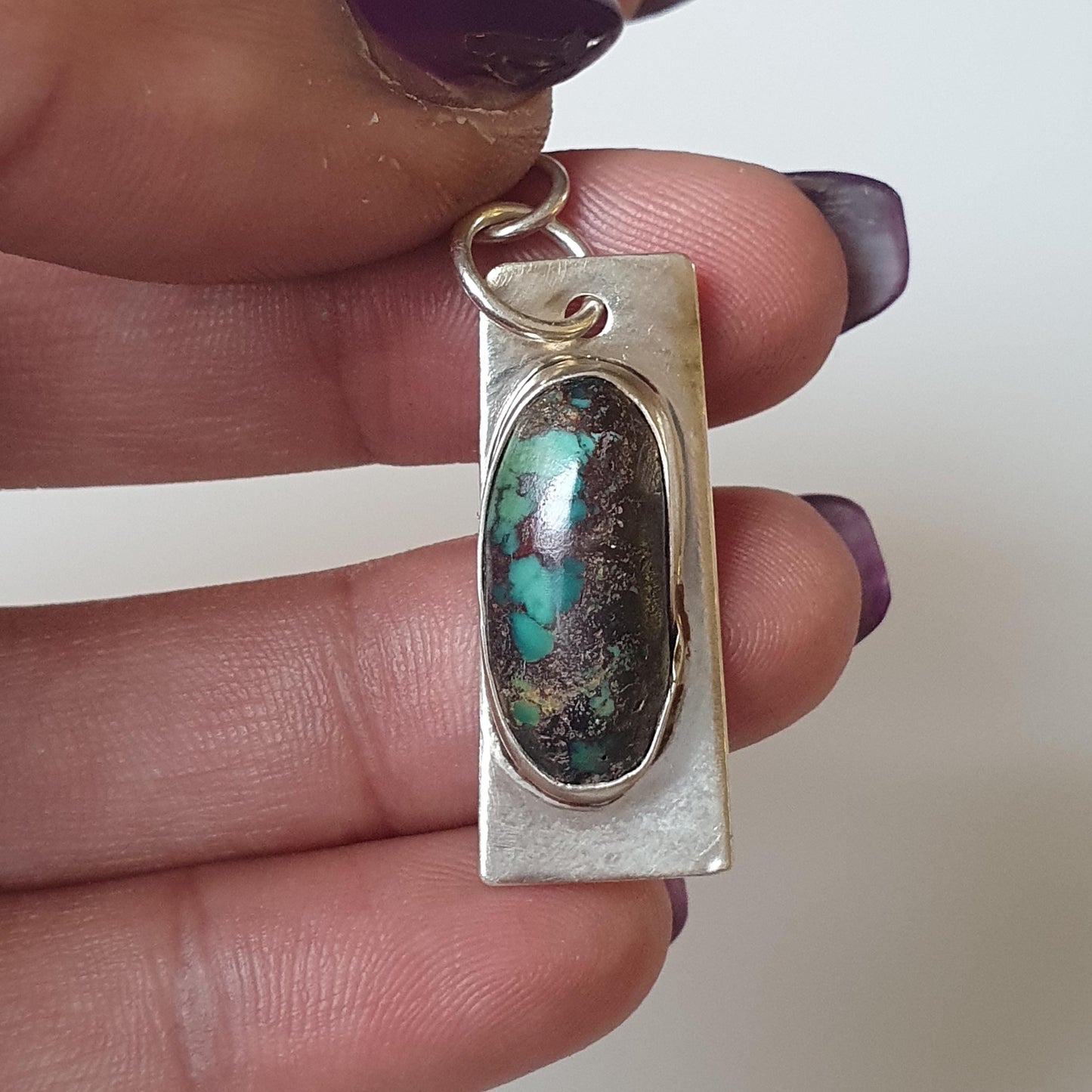 Unique Handcrafted Afghanistan Turquoise Pendant with Rectangular Silver Base 925, Quirky Jewellery Unique Faashion Statement Pieces. Gifts