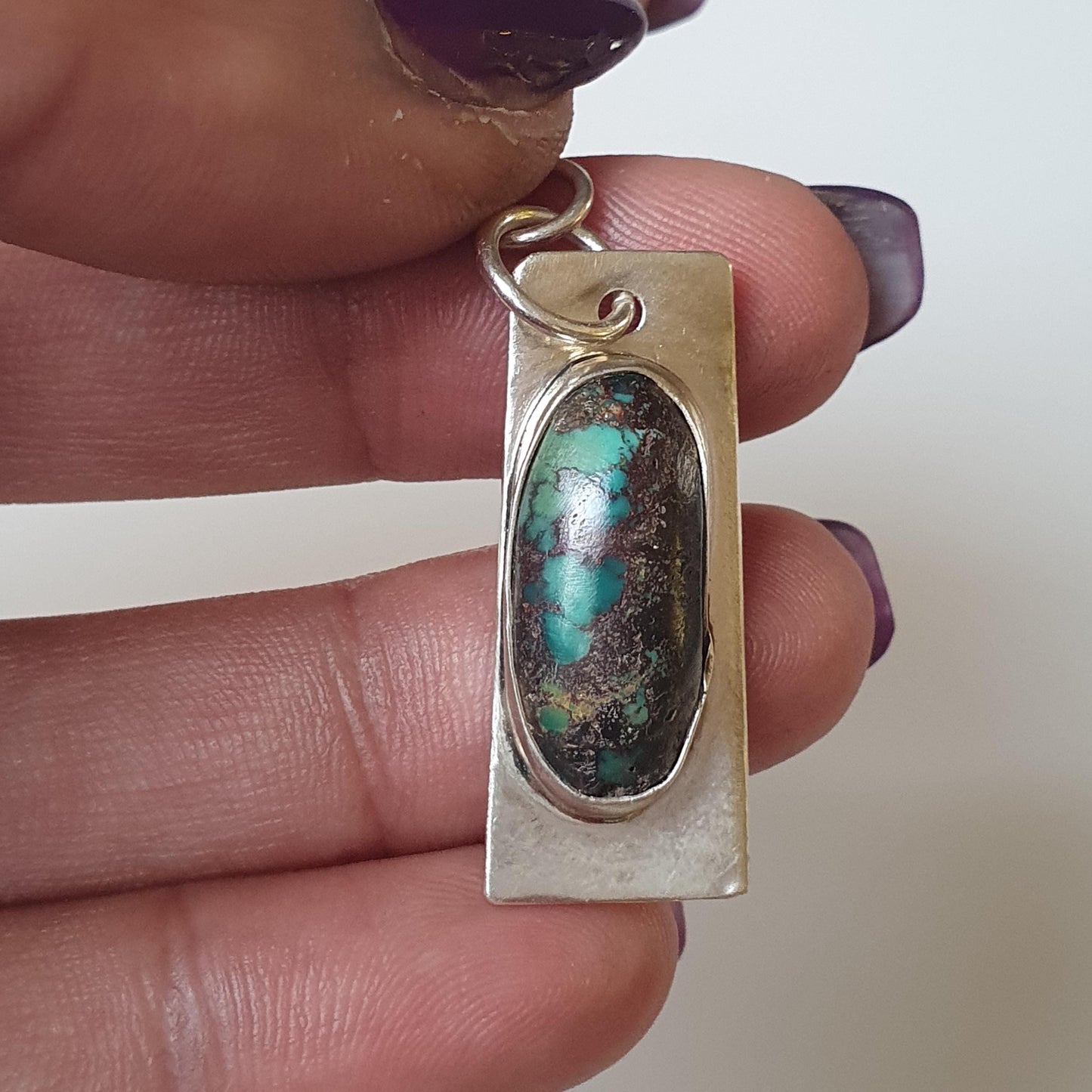 Unique Handcrafted Afghanistan Turquoise Pendant with Rectangular Silver Base 925, Quirky Jewellery Unique Faashion Statement Pieces. Gifts