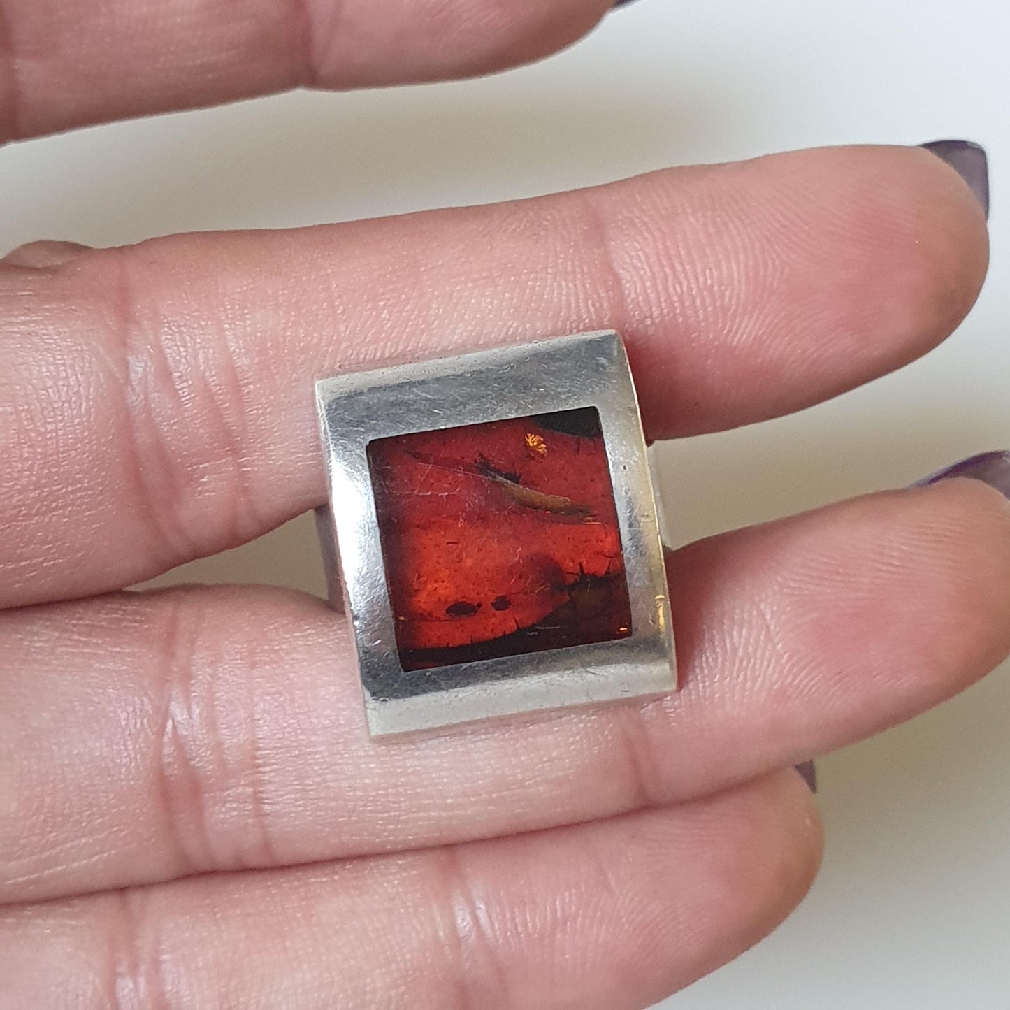 Fiery Elegant Handcrafted Burnt Orange Sterling Silver Ring, Hallmarked, Square,Minimalist Flame, Sleek Modern Jewellery great Gifting.