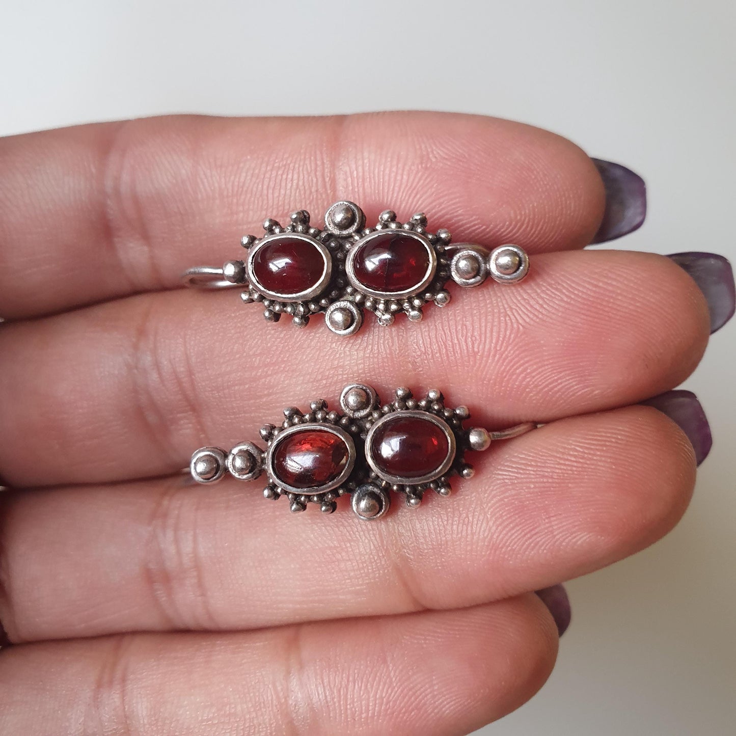 Dangle Drop Earrings, Garnet Red Gemstone, Indian Middle Eastern Design, Ethnic Jewellery, Unique Gifts, 925,Vintage condition, Desi Design