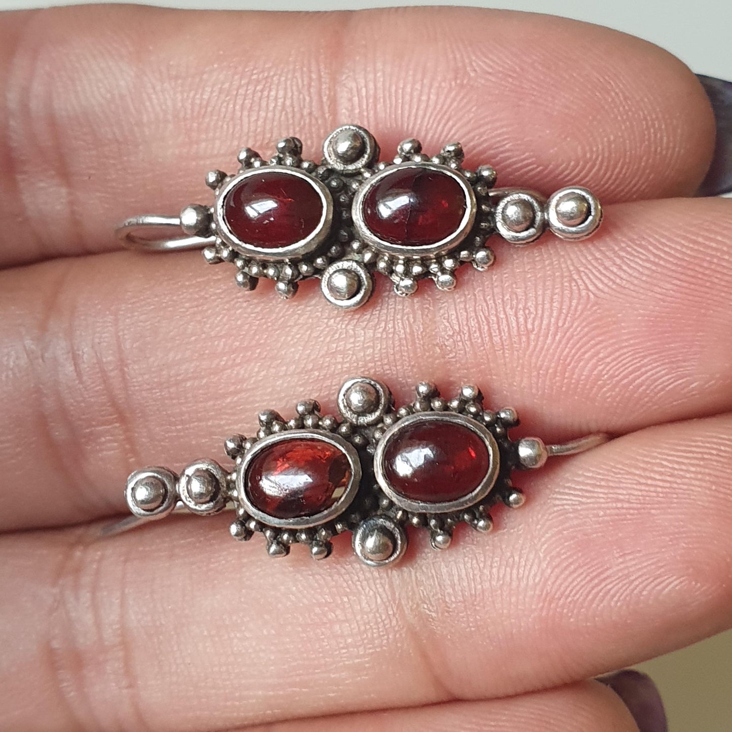 Dangle Drop Earrings, Garnet Red Gemstone, Indian Middle Eastern Design, Ethnic Jewellery, Unique Gifts, 925,Vintage condition, Desi Design