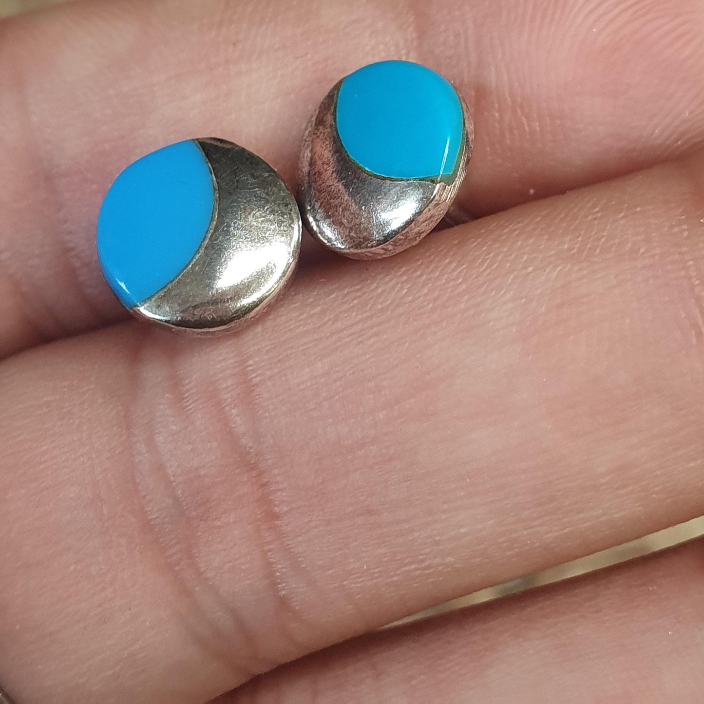 Half Turquoise Half Solid Sterling Silver 925 Crescent Moon Stud Earrings, 1cm Circular Celestial Blue Gemstone Jewellery, Eye Catching