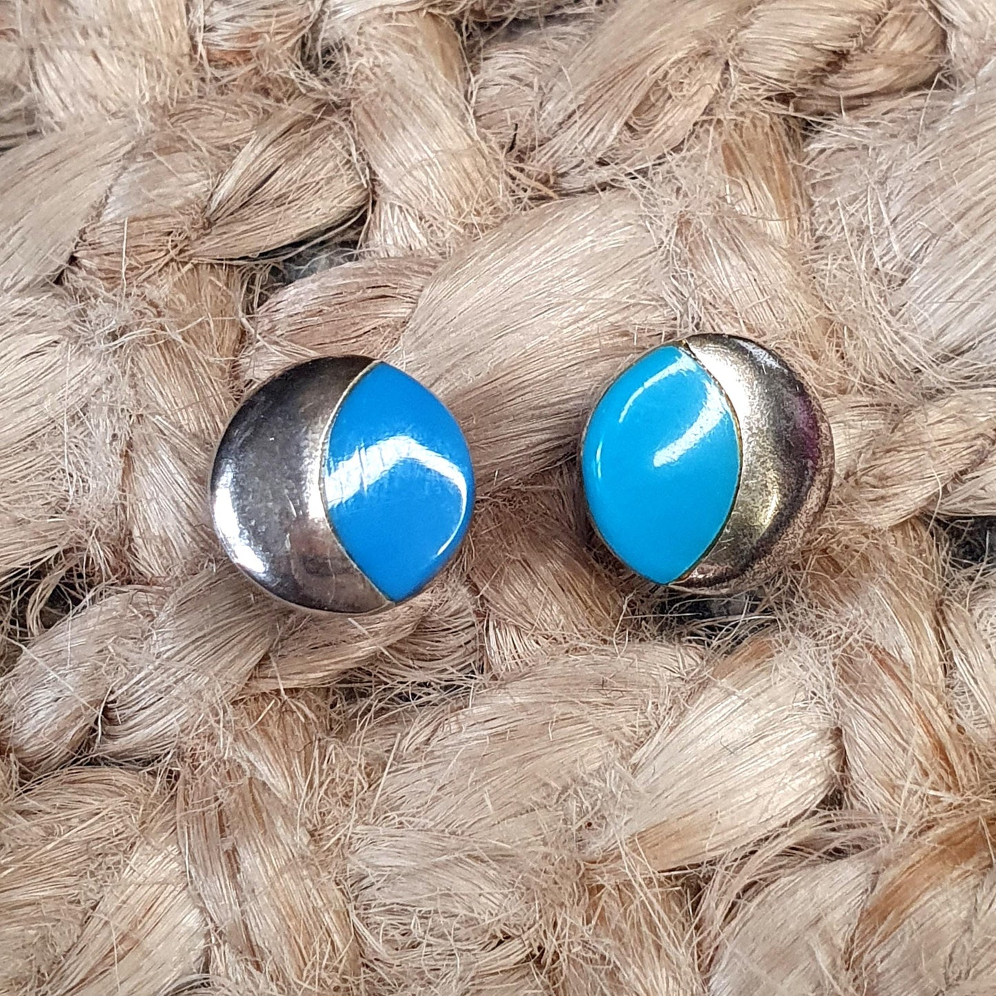 Half Turquoise Half Solid Sterling Silver 925 Crescent Moon Stud Earrings, 1cm Circular Celestial Blue Gemstone Jewellery, Eye Catching