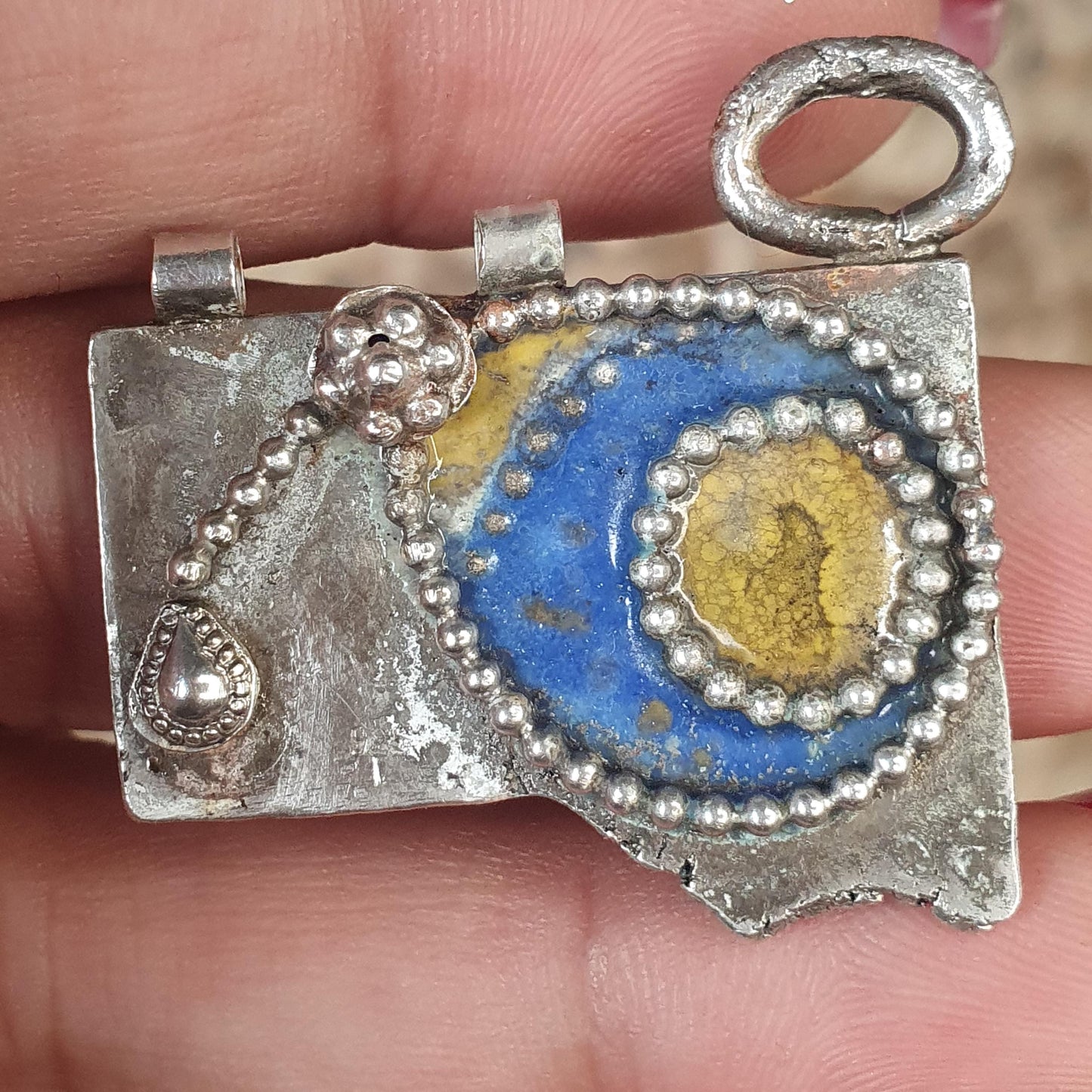 Handmade Ethnic Unique Rare Sterling Silver 925 Pendant, Blue and Yellow French Enamelling and Fine Silver Wire Work, Statement Expression