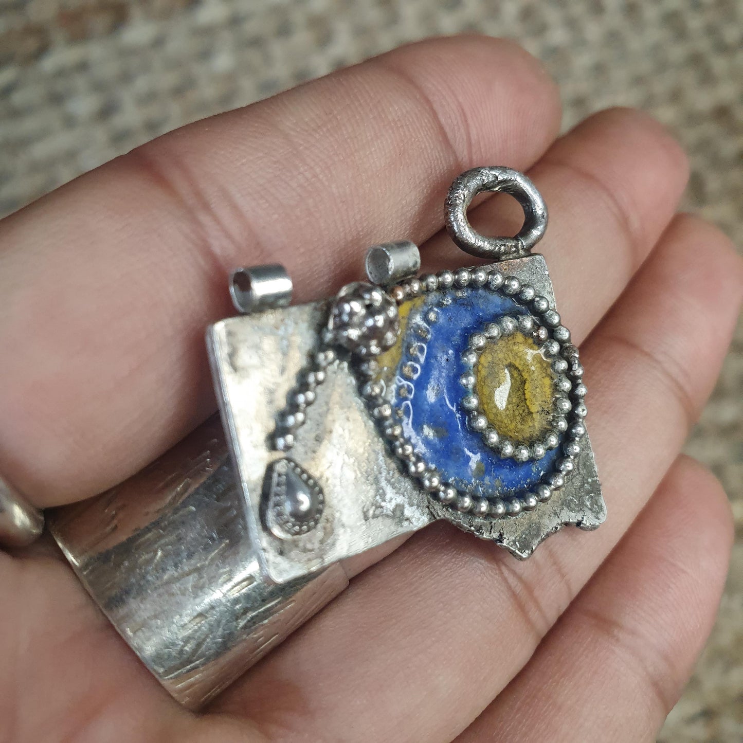 Handmade Ethnic Unique Rare Sterling Silver 925 Pendant, Blue and Yellow French Enamelling and Fine Silver Wire Work, Statement Expression