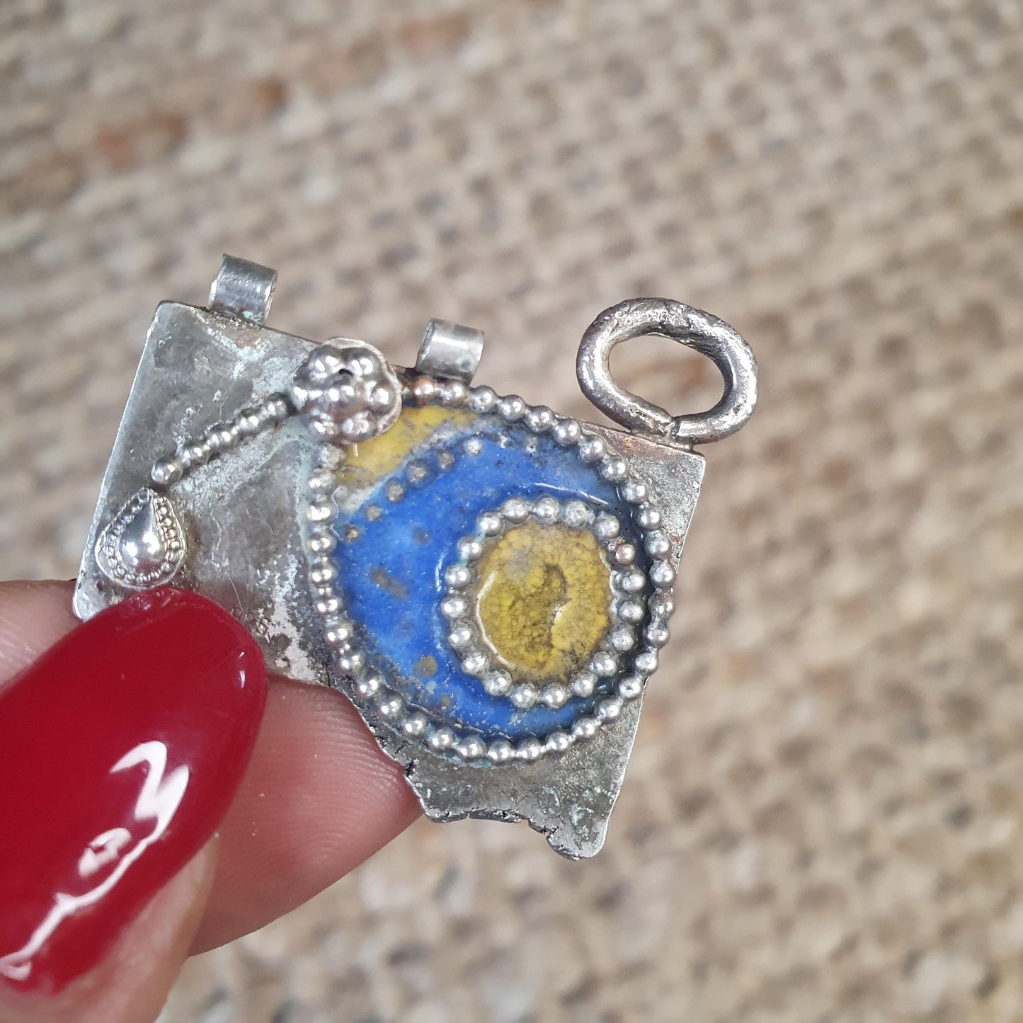 Handmade Ethnic Unique Rare Sterling Silver 925 Pendant, Blue and Yellow French Enamelling and Fine Silver Wire Work, Statement Expression