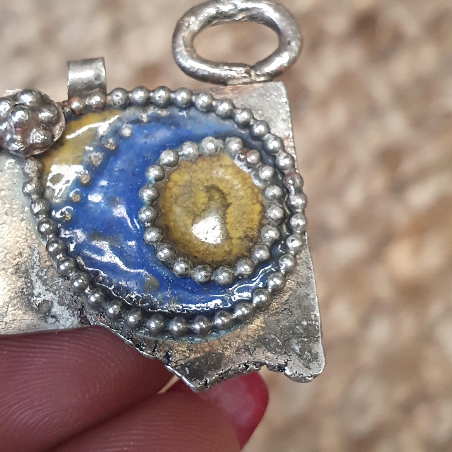 Handmade Ethnic Unique Rare Sterling Silver 925 Pendant, Blue and Yellow French Enamelling and Fine Silver Wire Work, Statement Expression