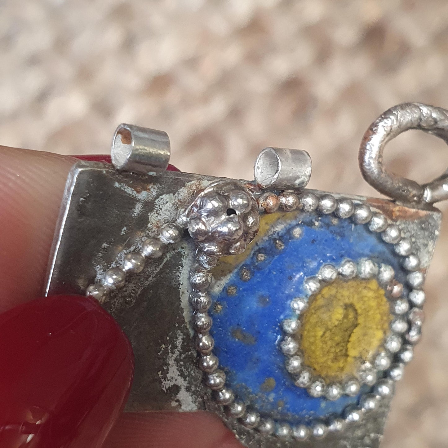 Handmade Ethnic Unique Rare Sterling Silver 925 Pendant, Blue and Yellow French Enamelling and Fine Silver Wire Work, Statement Expression