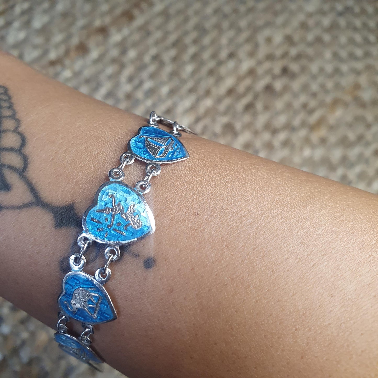 Vintage 1970,s Siam Bracelet with Sea Blue Enamel, Love Heart Chain Bracelet Gifts, Goddess Figurine,Nautical ,Boats, Elephant, 18.5cm long