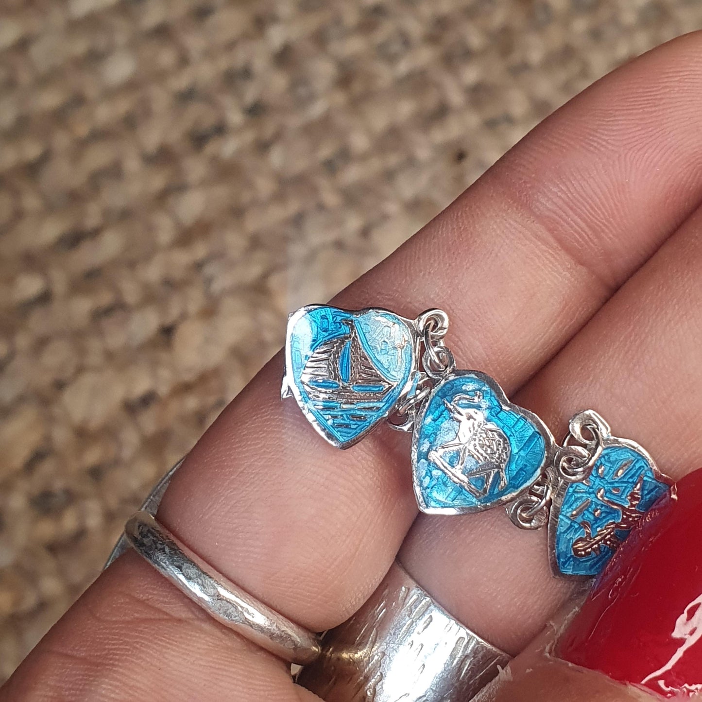 Vintage 1970,s Siam Bracelet with Sea Blue Enamel, Love Heart Chain Bracelet Gifts, Goddess Figurine,Nautical ,Boats, Elephant, 18.5cm long