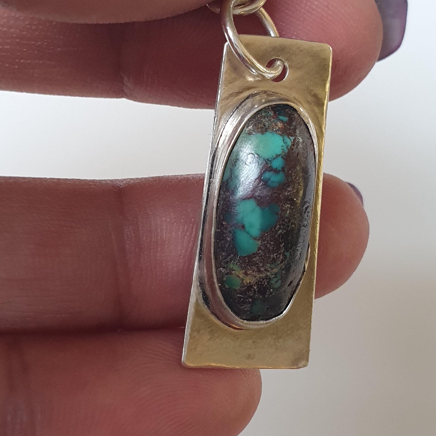 Unique Handcrafted Afghanistan Turquoise Pendant with Rectangular Silver Base 925, Quirky Jewellery Unique Faashion Statement Pieces. Gifts